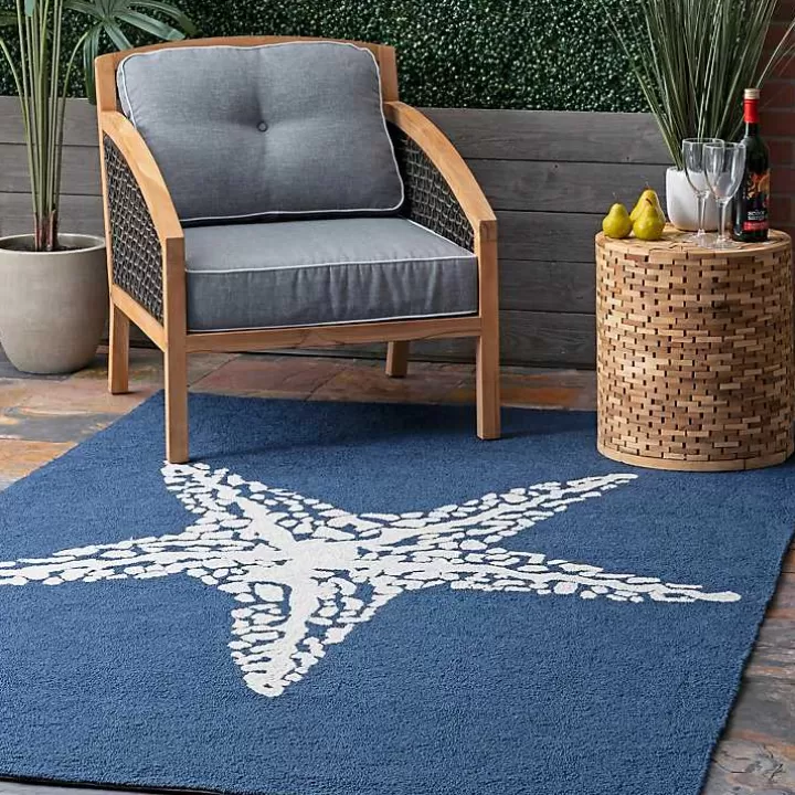 Outlet Navy Starfish Hooked Indoor/Outdoor Area Rug, 5x8 Outdoor Rugs