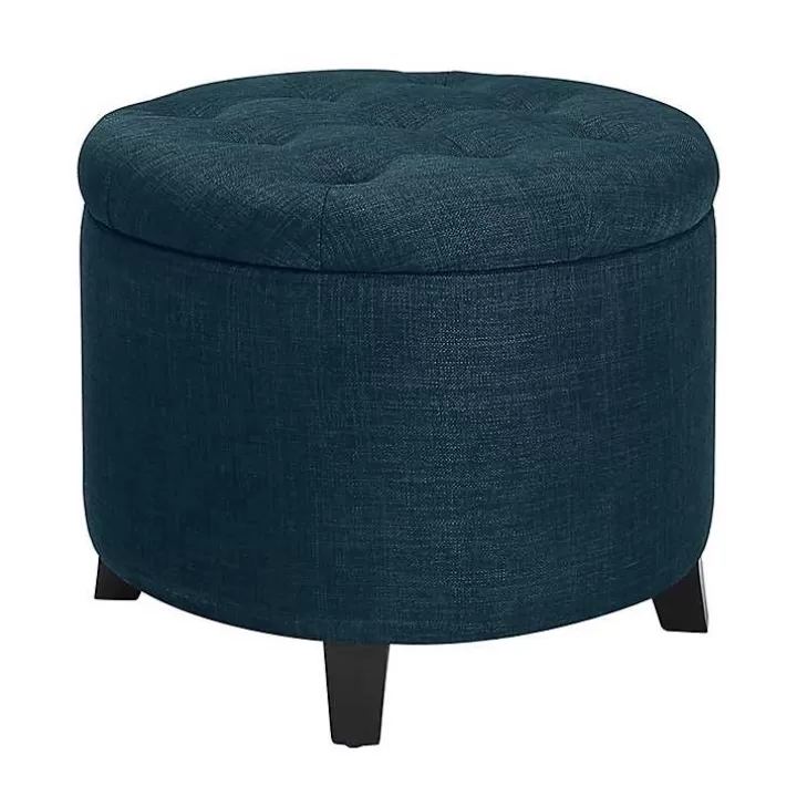 Shop Navy Upholstered Eliza Round Storage Ottoman Benches & Ottomans