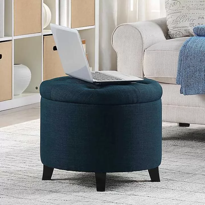 Shop Navy Upholstered Eliza Round Storage Ottoman Benches & Ottomans