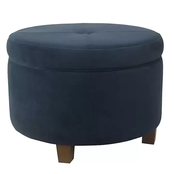 New Navy Velvet Upholstered Round Storage Ottoman Benches & Ottomans