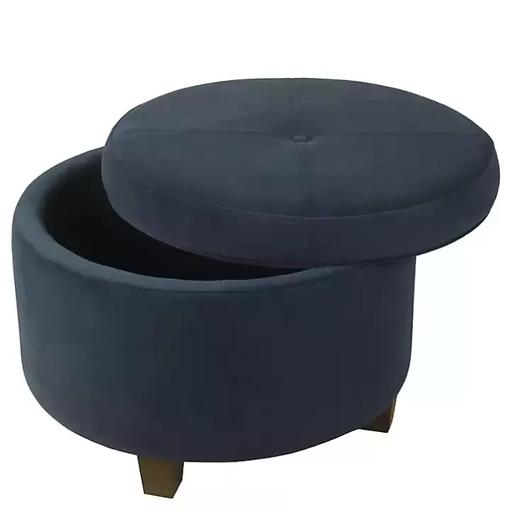 New Navy Velvet Upholstered Round Storage Ottoman Benches & Ottomans