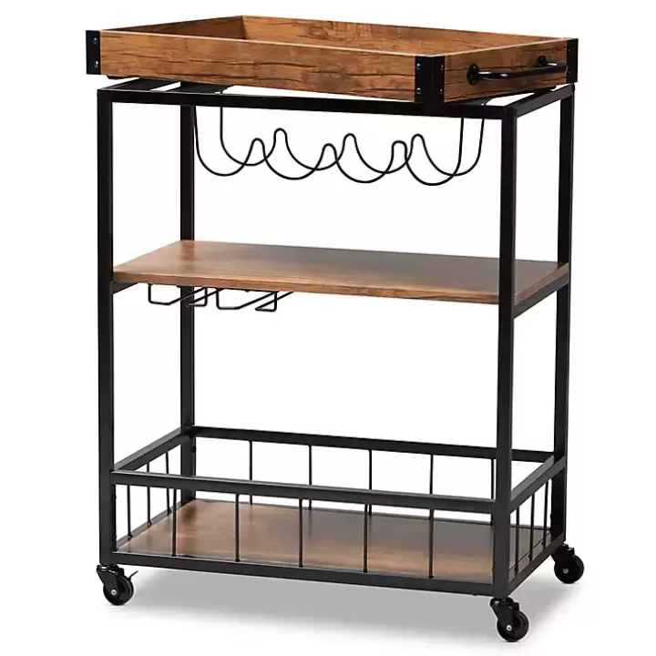 Outlet Oak and Black Metal Bar Cart with Bottle Rack Kitchen Islands & Bar Carts