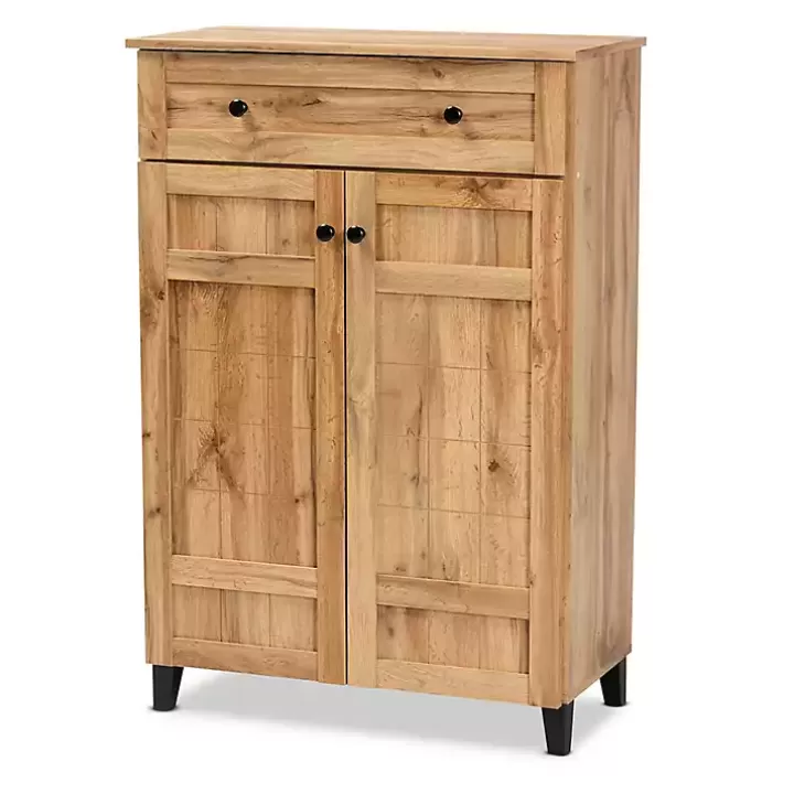 Discount Oak 2-Door Grid Shoe Storage Cabinet Entryway Furniture