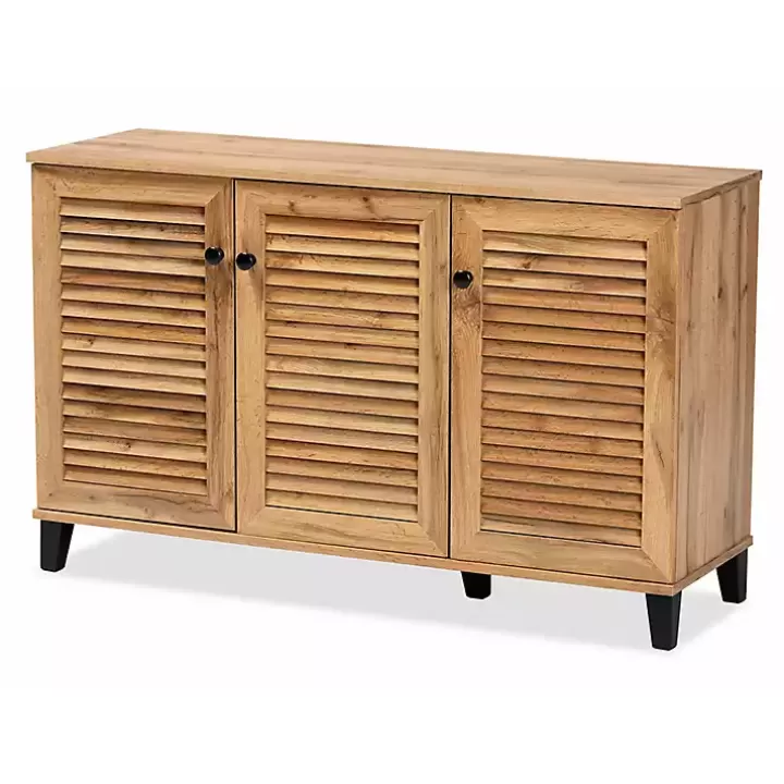 Clearance Oak 3-Door Slatted Shoe Storage Cabinet Entryway Furniture