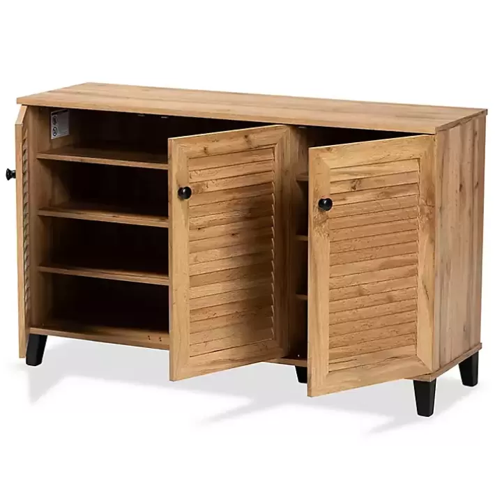 Clearance Oak 3-Door Slatted Shoe Storage Cabinet Entryway Furniture