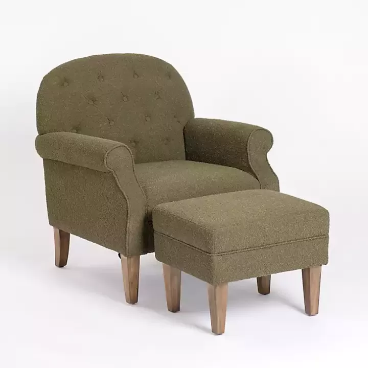 Fashion Olive Boucle Tufted Chair & Ottoman Set Accent Chairs