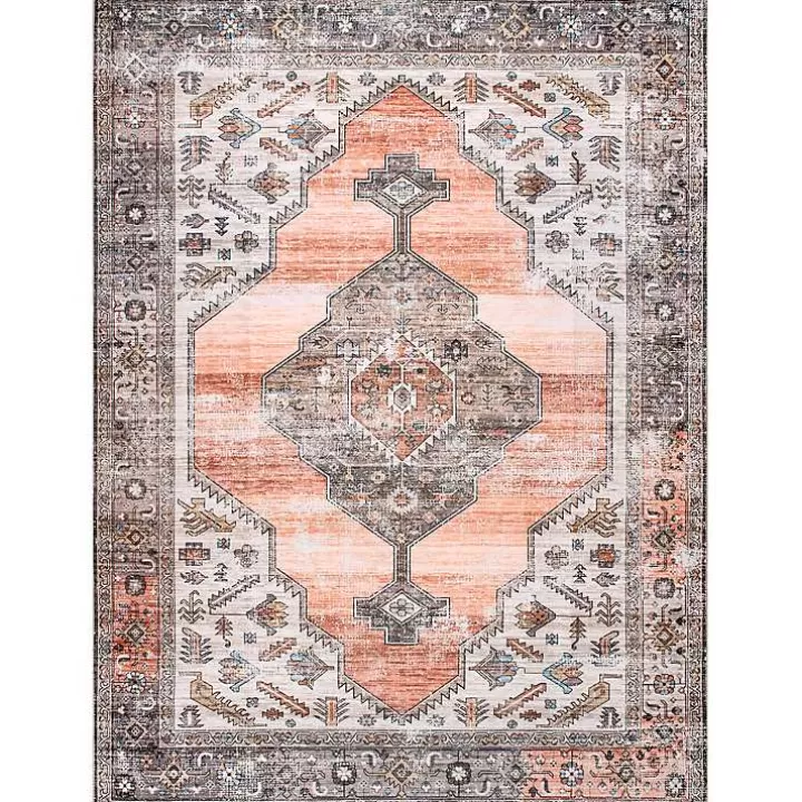 Cheap Orange Distressed Medallion Washable Area Rug, 3x5 Area Rugs