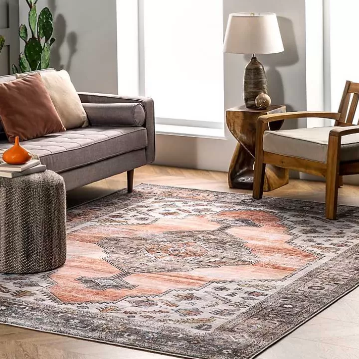 Store Orange Distressed Medallion Washable Runner Accent Rugs