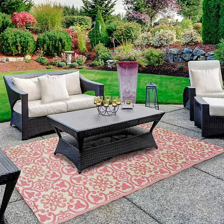 Shop Pink and Cream Floral Tile Outdoor Area Rug, 4x6 Outdoor Rugs
