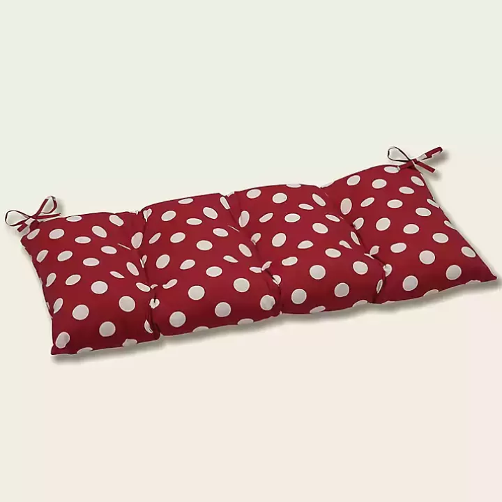 Store Red & White Polka Dot Tufted Outdoor Bench Cushion Outdoor Cushions & Pillows