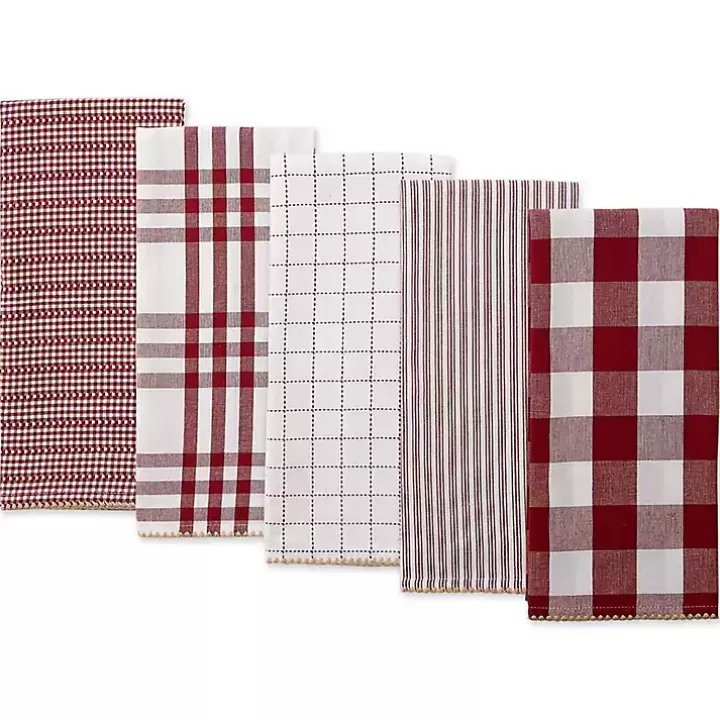 Hot Red & White Woven Patterns 5-pc. Dish Towel Set Kitchen Accessories