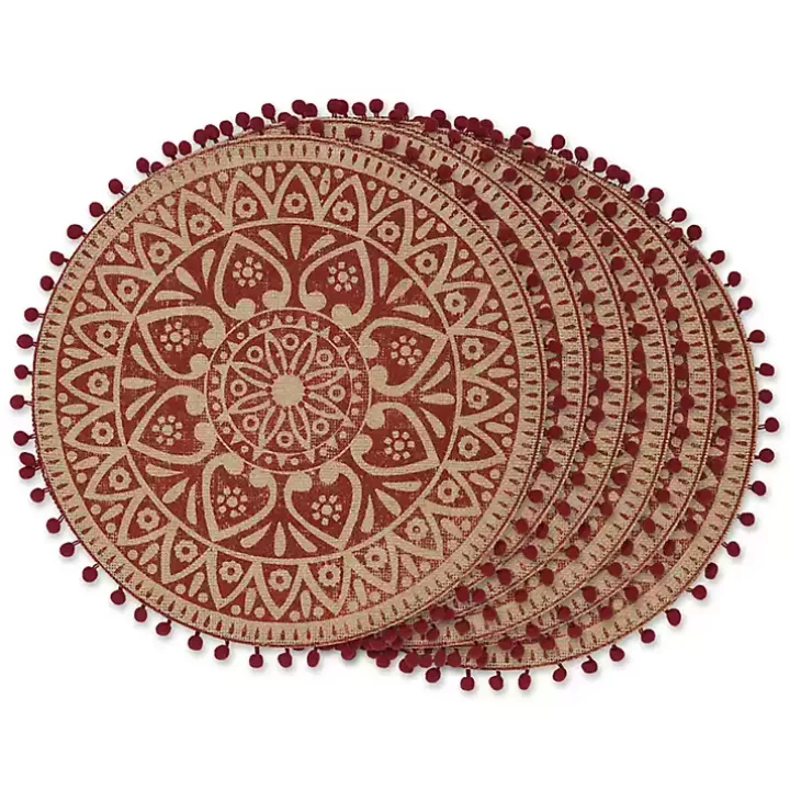 Clearance Red and Natural Print Round Placemats, Set of 6 Table Linens