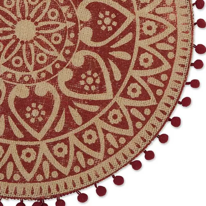 Clearance Red and Natural Print Round Placemats, Set of 6 Table Linens