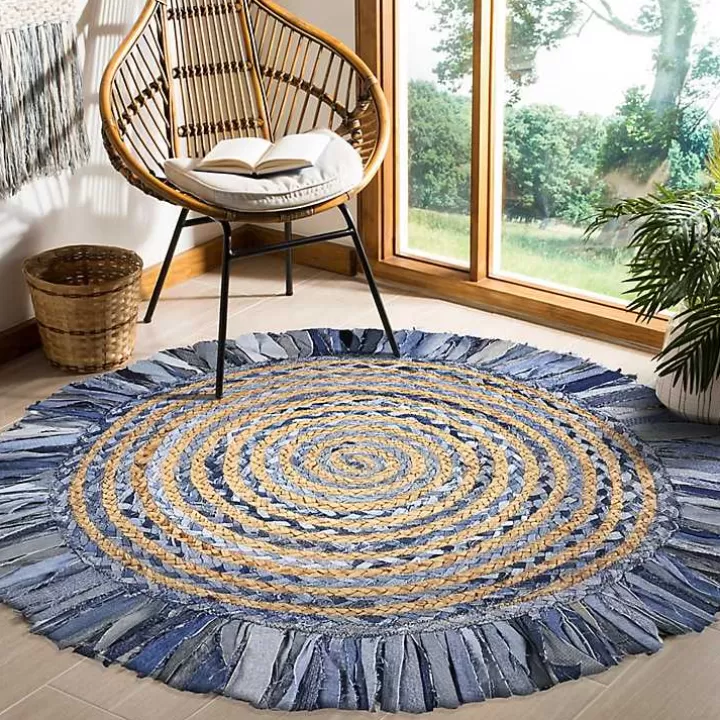 Online Round Braided Jute and Denim Swirl Area Rug, 3x3 Area Rugs