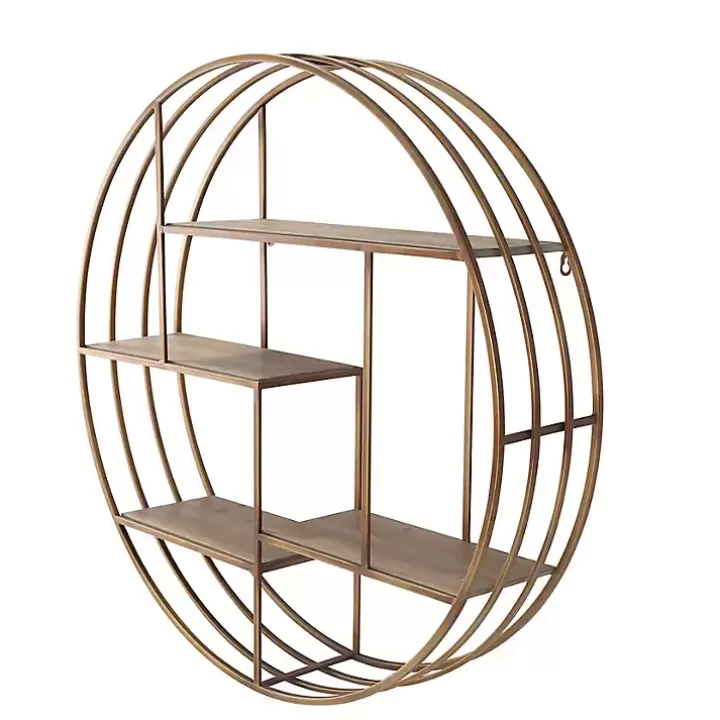 Discount Round Bronze Metal and Tiered Wood Wall Shelf Shelves