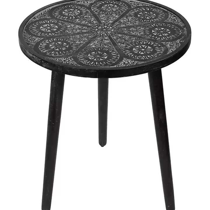 New Round Charcoal Floral Engraved Accent Table Accent & End Tables