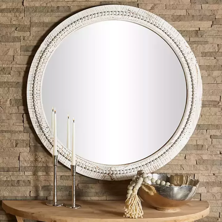 Online Round Whitewash Beaded Wall Mirror Decorative Mirrors