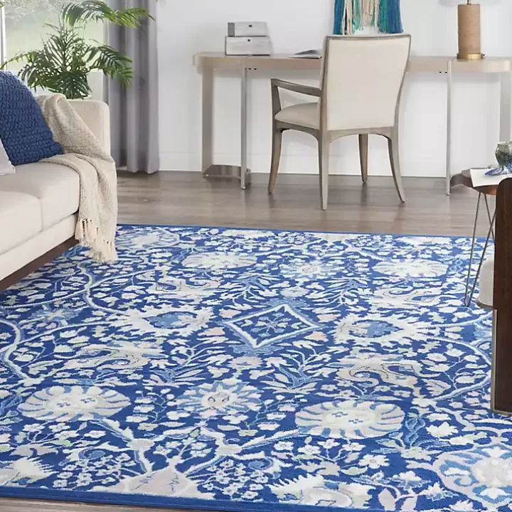 Online Royal Blue Floral Motif Area Rug, 8x10 Area Rugs