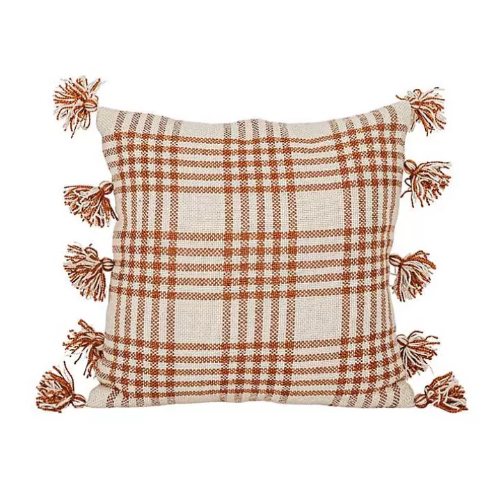 Sale Rust Plaid Tassel Indoor/Outdoor Pillow Outdoor Cushions & Pillows