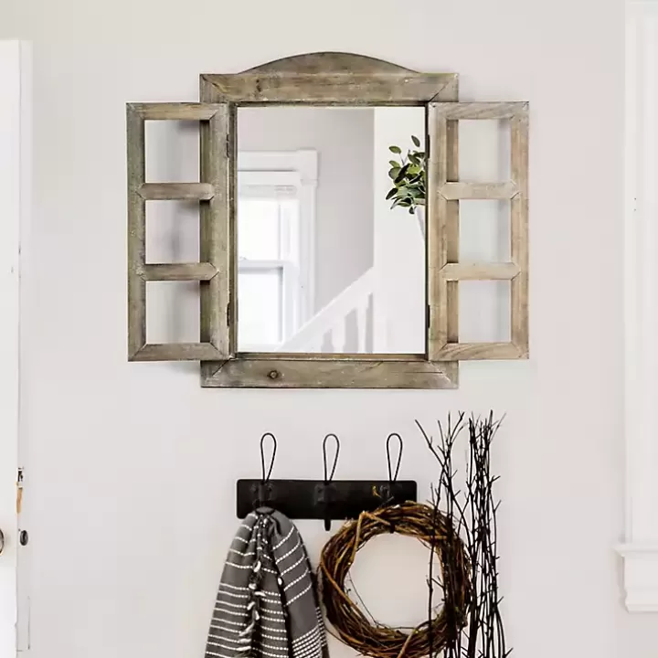 Outlet Rustic Wooden Dual Window Shutter Wall Mirror Decorative Mirrors
