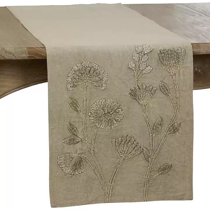 Outlet Sand Beige Floral Embroidered Table Runner Table Linens