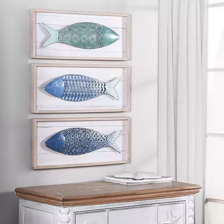 Sale School of Fish Wooden and Metal Plaques, Set of 3 Wall Plaques