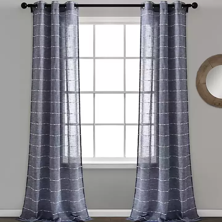 Shop Sheer Navy Striped Curtain Panel Set, 95 in. Curtains & Drapes