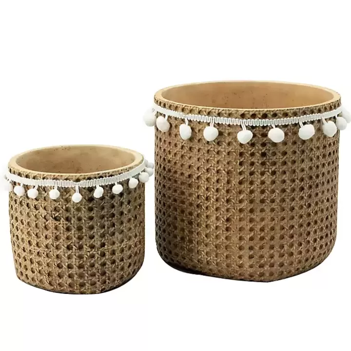 Cheap Tall Woven Cement Baskets with Pom Poms, Set of 2 Planters