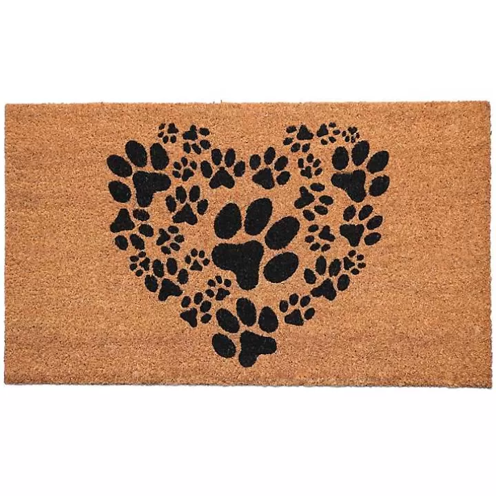 Cheap Tan and Black Coir Heart Paws Doormat, 24x36 Doormats