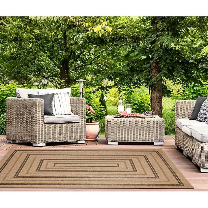 Sale Tan and Black Framed Indoor/Outdoor Area Rug, 5x7 Outdoor Rugs