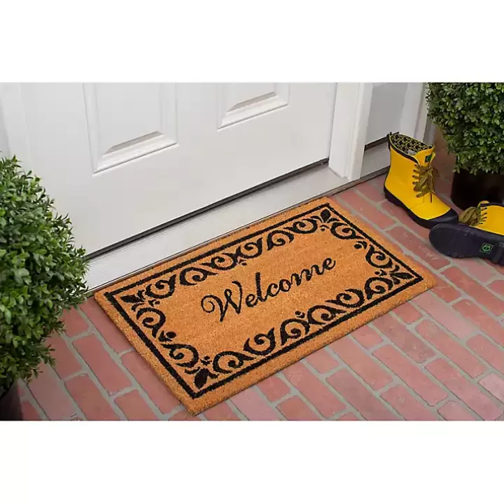 New Tan and Black Scroll Welcome Doormat, 29x17 in. Doormats