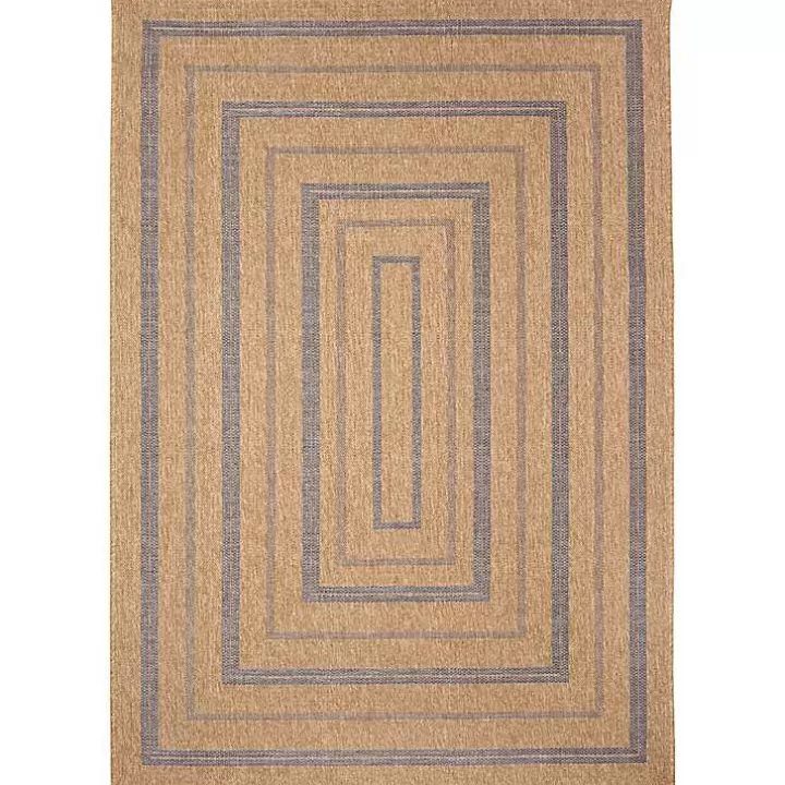 Cheap Tan and Navy Framed Indoor/Outdoor Area Rug, 7x9 Outdoor Rugs