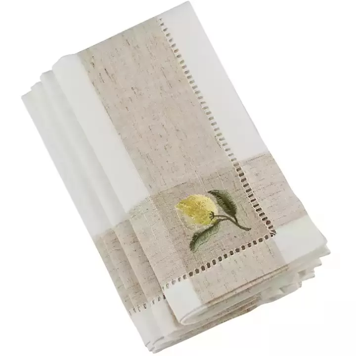 Outlet Tan Hemstitch Embroidered Lemon Napkins, Set of 4 Table Linens