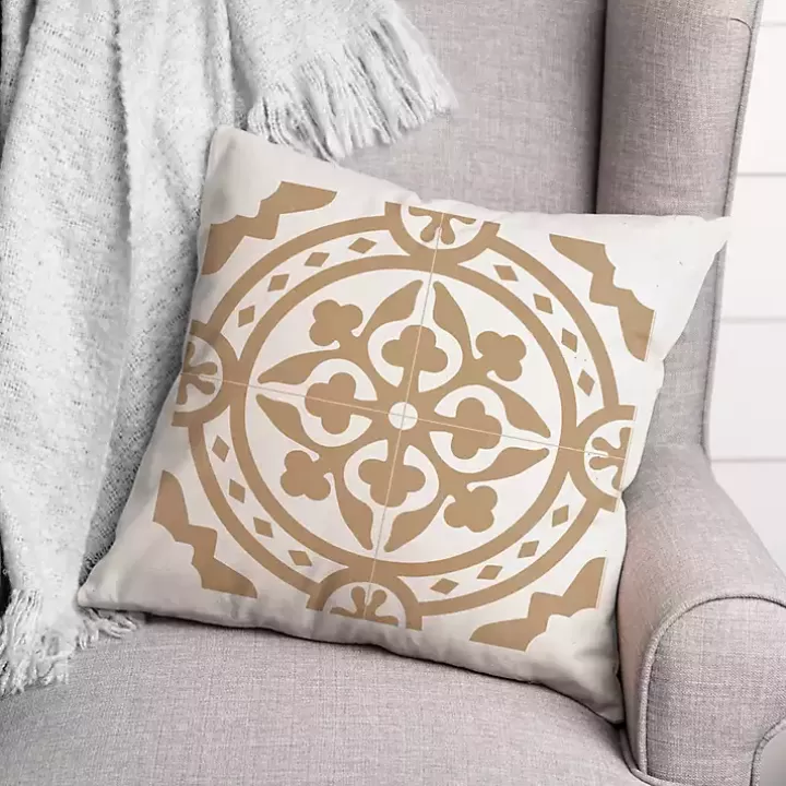 Discount Tan Medallion Tile Indoor/Outdoor Pillow Outdoor Cushions & Pillows