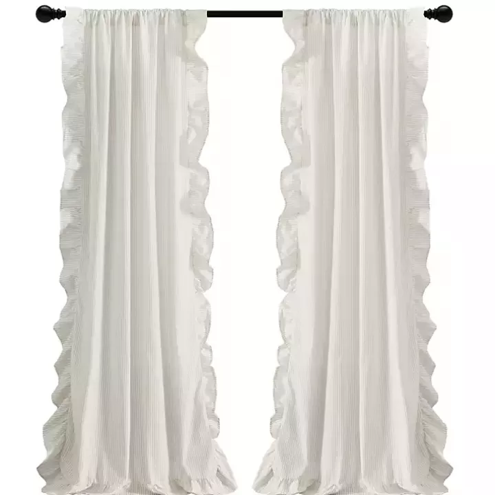 Outlet Tan Stripe Ruffled Curtain Panel Set, 84 in. Curtains & Drapes