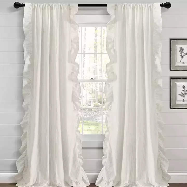 Outlet Tan Stripe Ruffled Curtain Panel Set, 84 in. Curtains & Drapes