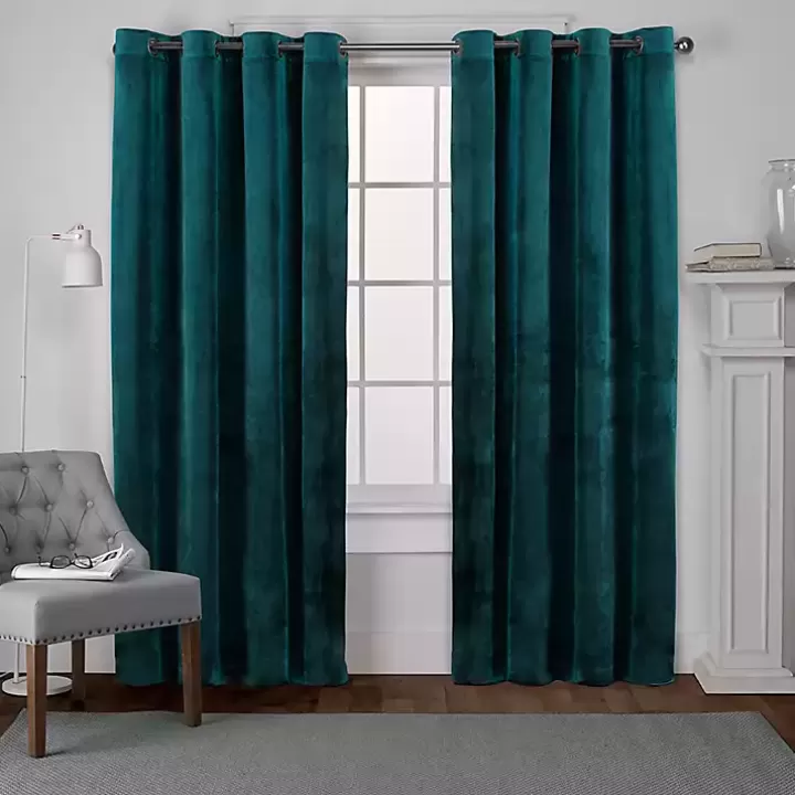 Cheap Teal Heavyweight Velvet Curtain Panel Set, 84 in. Curtains & Drapes