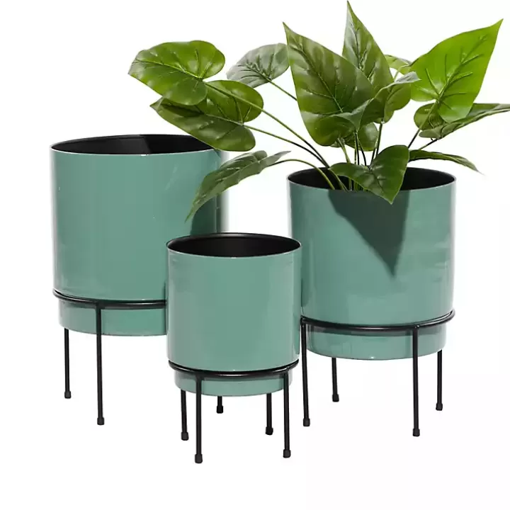 New Teal Metal Round Planters with Stands, Set of 3 Planters