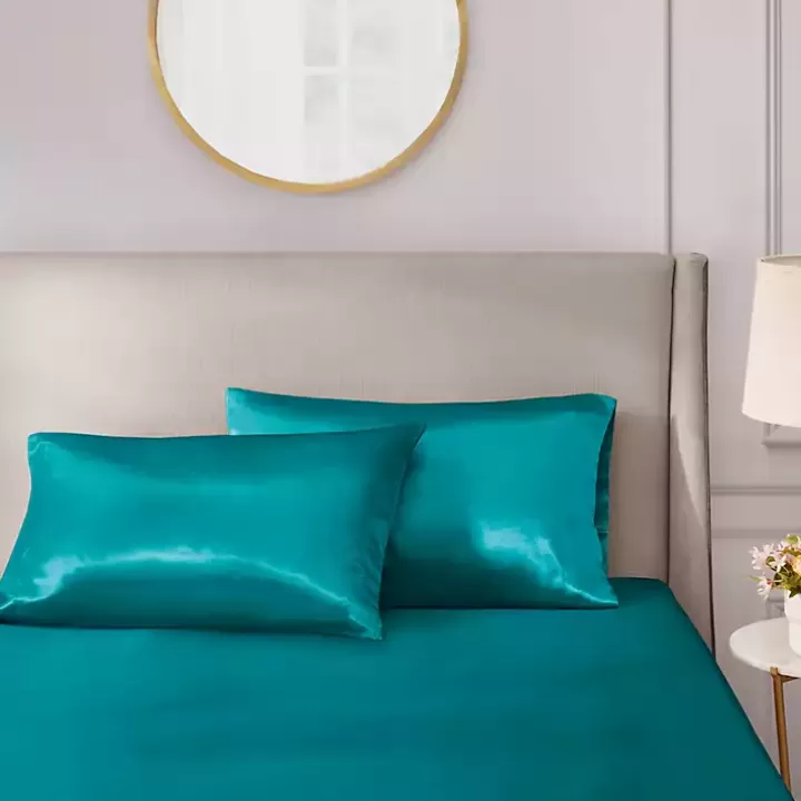 Cheap Teal Satin Standard 2-pc. Pillow Case Set Bed Sheets