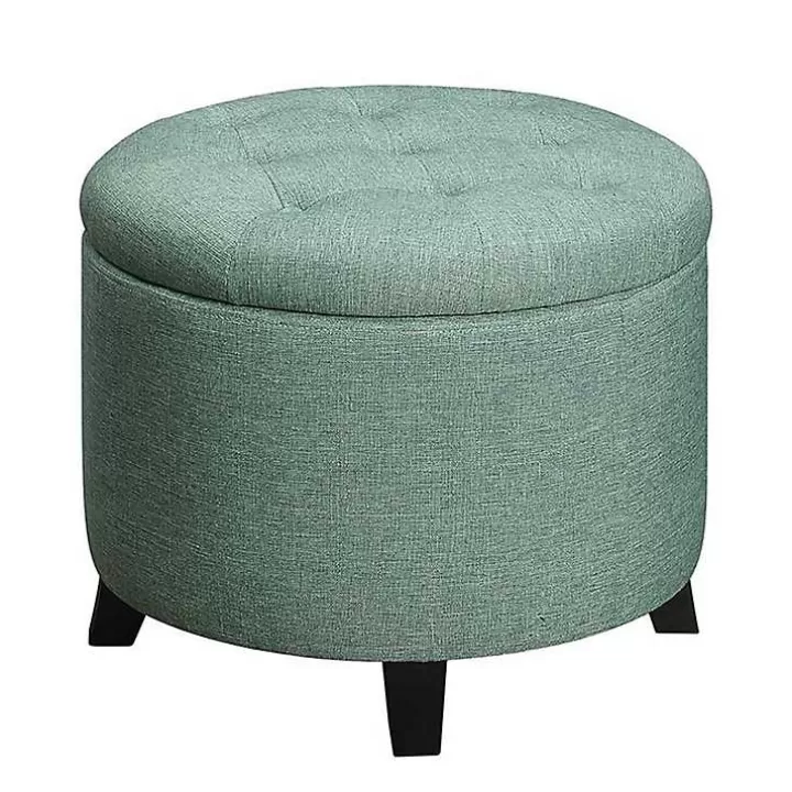 Outlet Teal Upholstered Eliza Round Storage Ottoman Benches & Ottomans