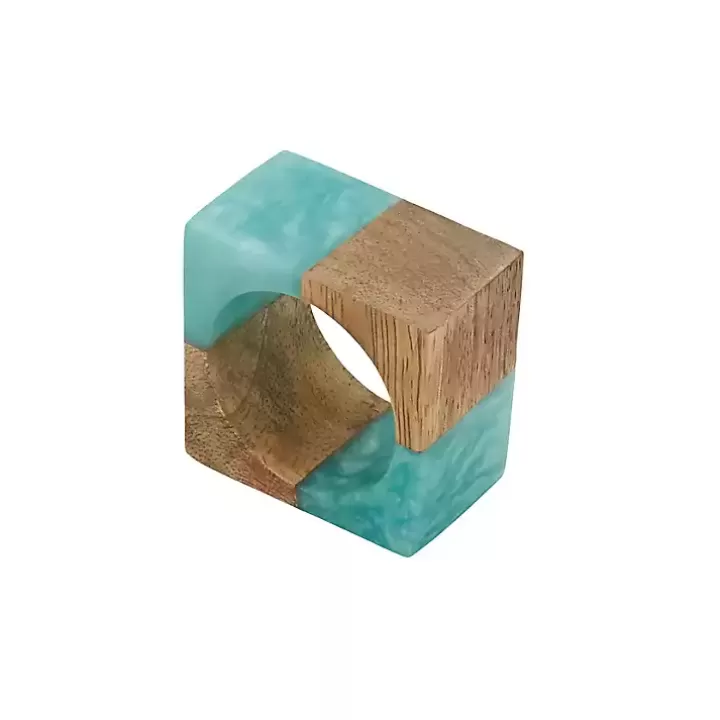 Flash Sale Teal Wood and Resin Square Napkin Rings, Set of 4 Table Linens