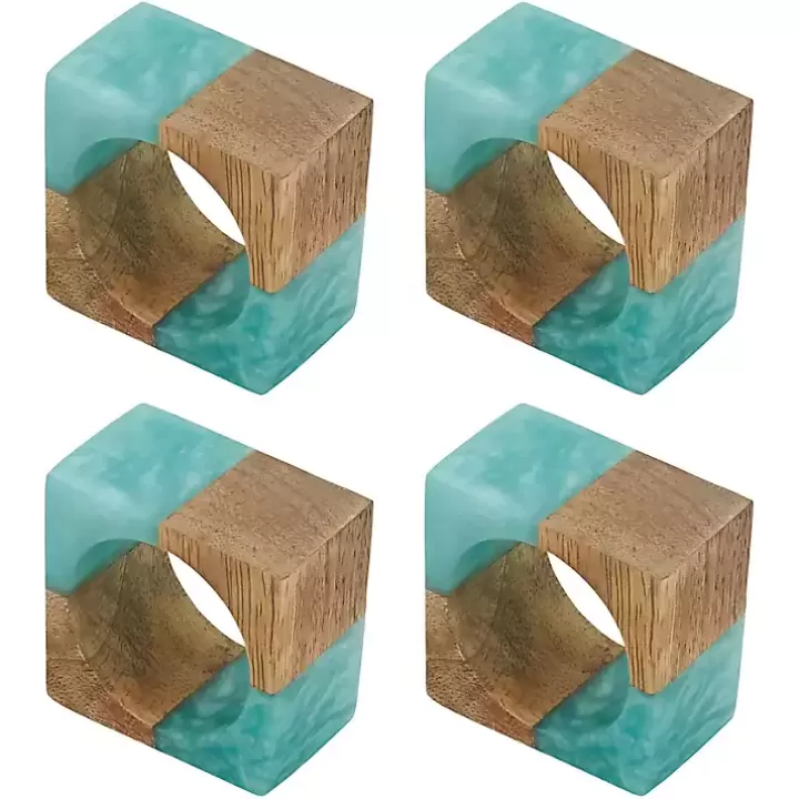 Flash Sale Teal Wood and Resin Square Napkin Rings, Set of 4 Table Linens