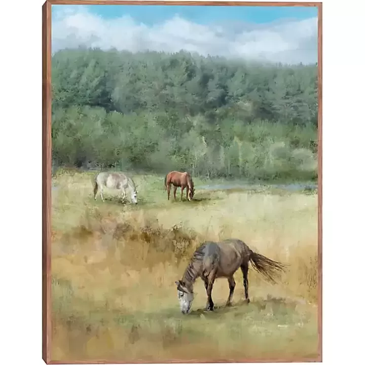 Flash Sale Three Grazing Horses Framed Canvas Art Print Canvas Art