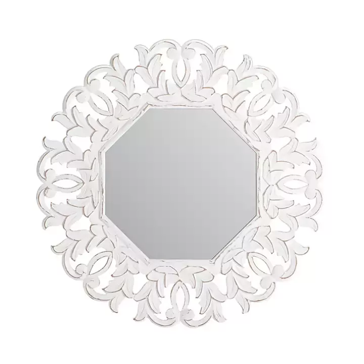 Store Vintage White Carved Octagon Wall Mirror Decorative Mirrors
