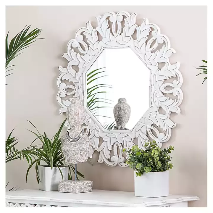 Store Vintage White Carved Octagon Wall Mirror Decorative Mirrors