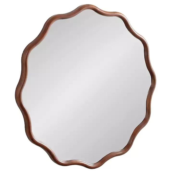 Outlet Walnut Wavy Scallop Round Wall Mirror Decorative Mirrors