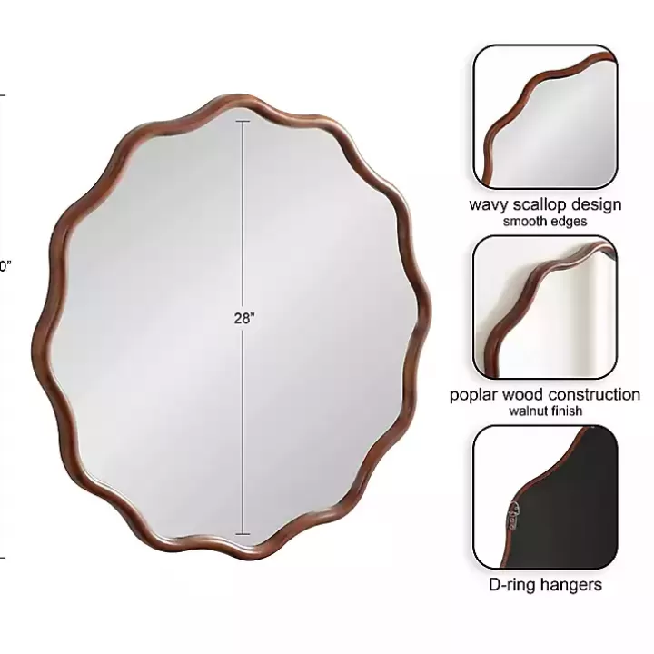 Outlet Walnut Wavy Scallop Round Wall Mirror Decorative Mirrors