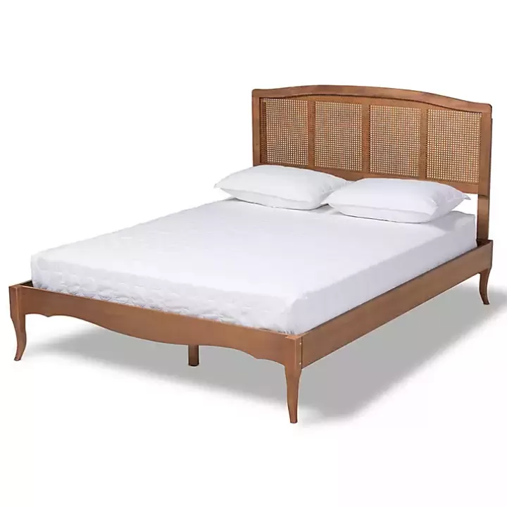 Clearance Walnut Wood and Rattan King Bed Frame Beds & Headboards