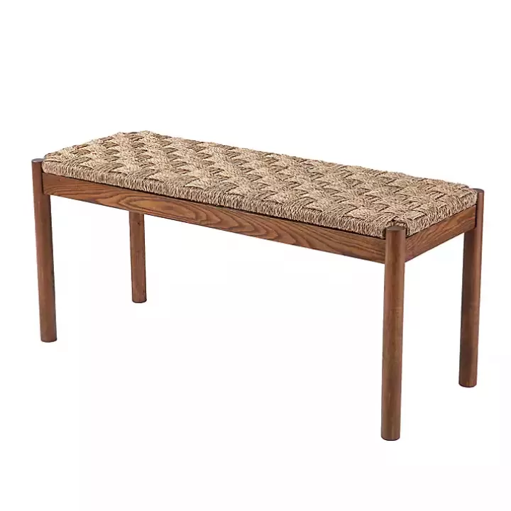 Sale Walnut Wood and Woven Seagrass Bench Benches & Ottomans