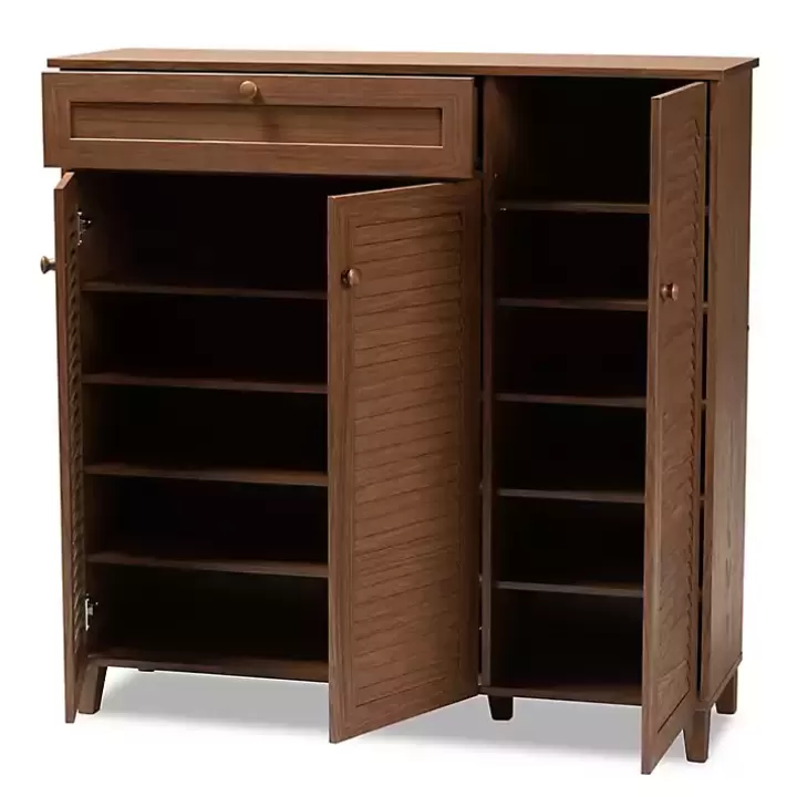 Hot Walnut Wood 11-Shelf Paneled Shoe Cabinet Entryway Furniture